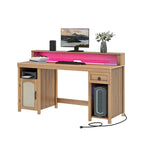 Farmhouse Wood Office Desk with Drawer and LED Strip & Power Outlets