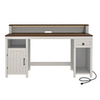 Farmhouse Wood Office Desk with Drawer and LED Strip & Power Outlets