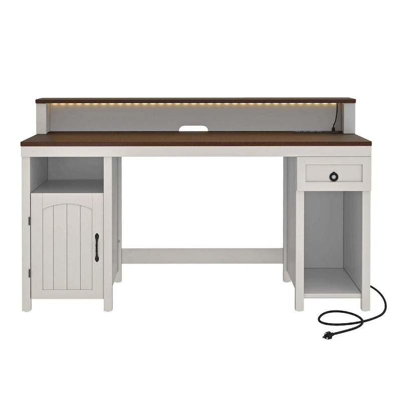 Farmhouse Wood Office Desk with Drawer and LED Strip & Power Outlets