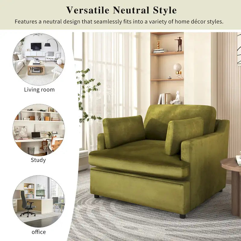 Green Oversized Accent Chair with Armrest Cushions and Angled Legs – 37" Wide