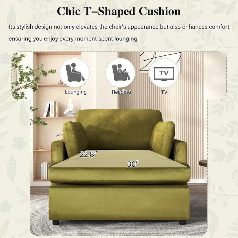 Green Oversized Accent Chair with Armrest Cushions and Angled Legs – 37" Wide