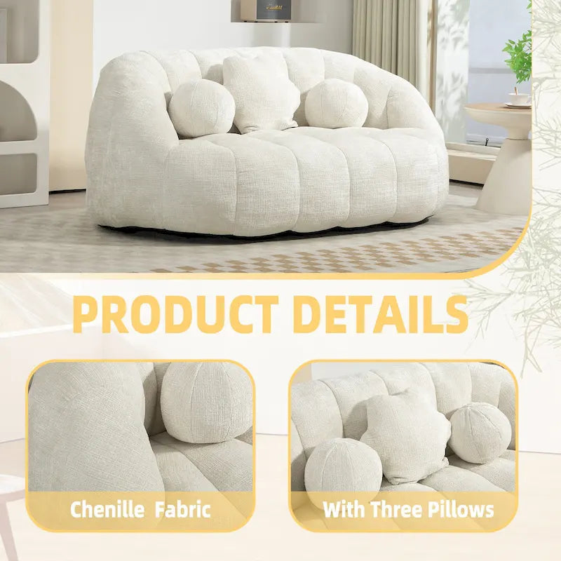 63" Chenille Bean Bag Lounge Chair with High-Density Foam Filling – White