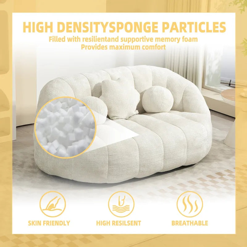 63" Chenille Bean Bag Lounge Chair with High-Density Foam Filling – White
