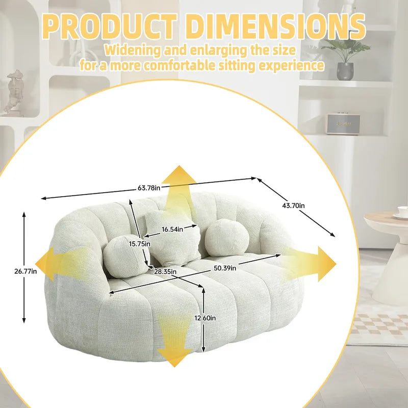 63" Chenille Bean Bag Lounge Chair with High-Density Foam Filling – White