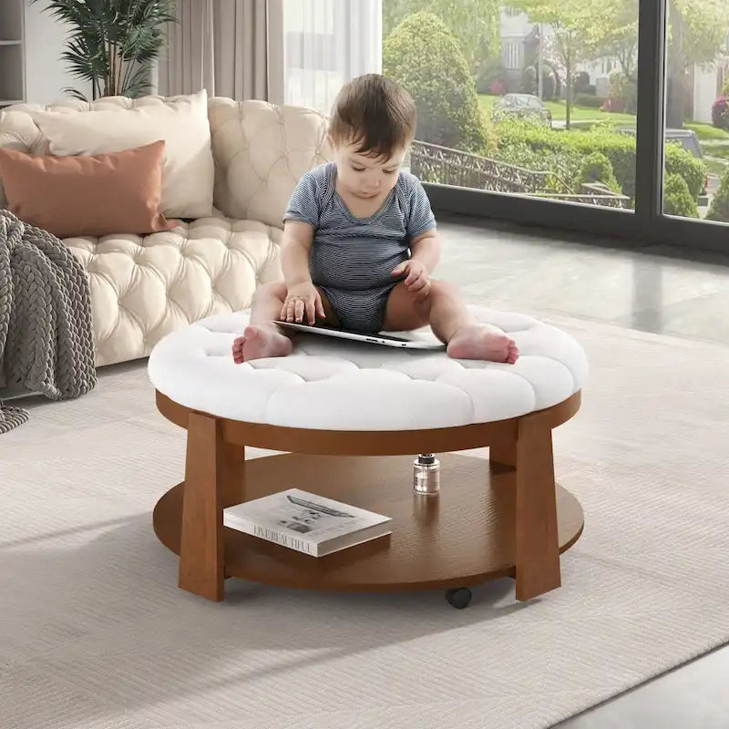 36 Round Button Tufted Upholstered Coffee Table with Wood Shelf and Wheel