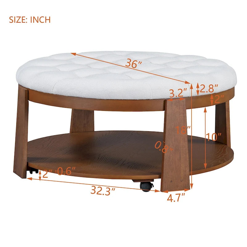 36 Round Button Tufted Upholstered Coffee Table with Wood Shelf and Wheel