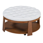 36 Round Button Tufted Upholstered Coffee Table with Wood Shelf and Wheel