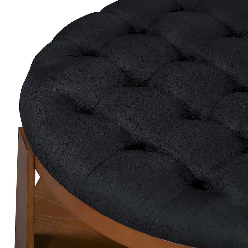 36 Round Button Tufted Upholstered Coffee Table with Wood Shelf and Wheel