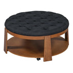 36 Round Button Tufted Upholstered Coffee Table with Wood Shelf and Wheel