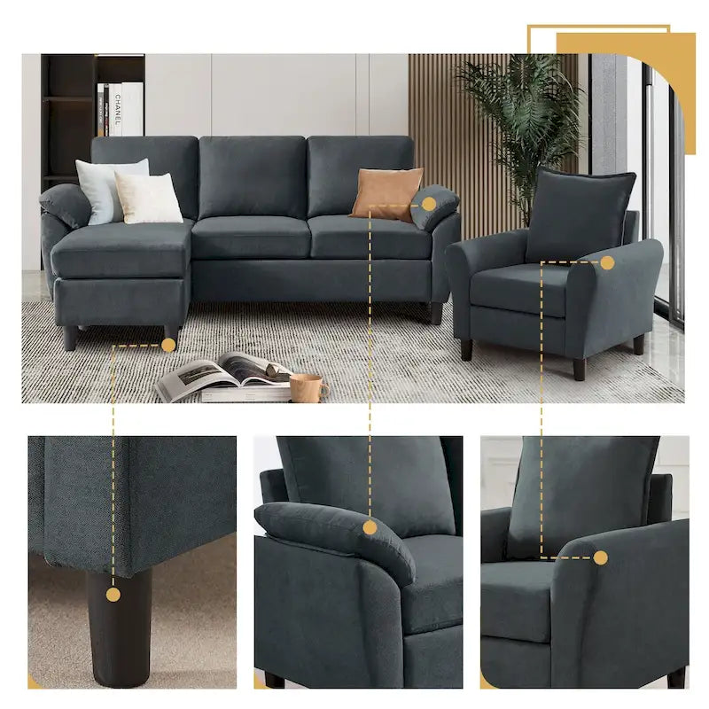 Canapé d'angle 3 places avec fauteuil et pouf pour salon