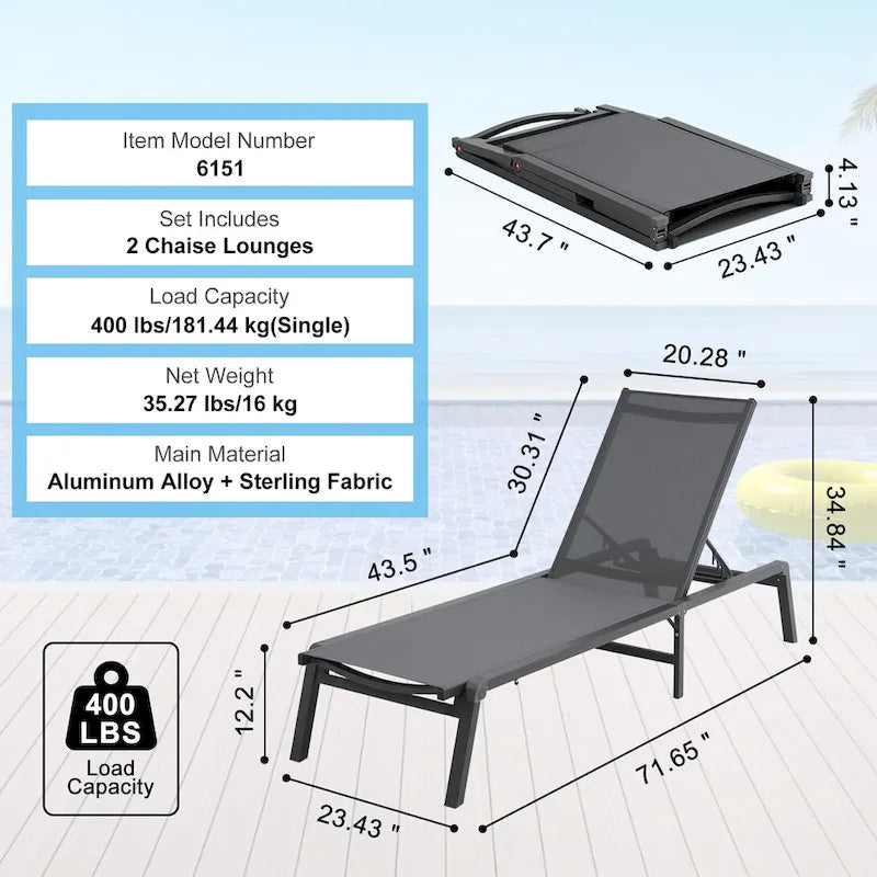 Chaise Lounge Chairs Outdoor, Aluminum Patio Lounge Chairs with Adjustable 5-Position, Folding Pool Lounge Chairs Recliner