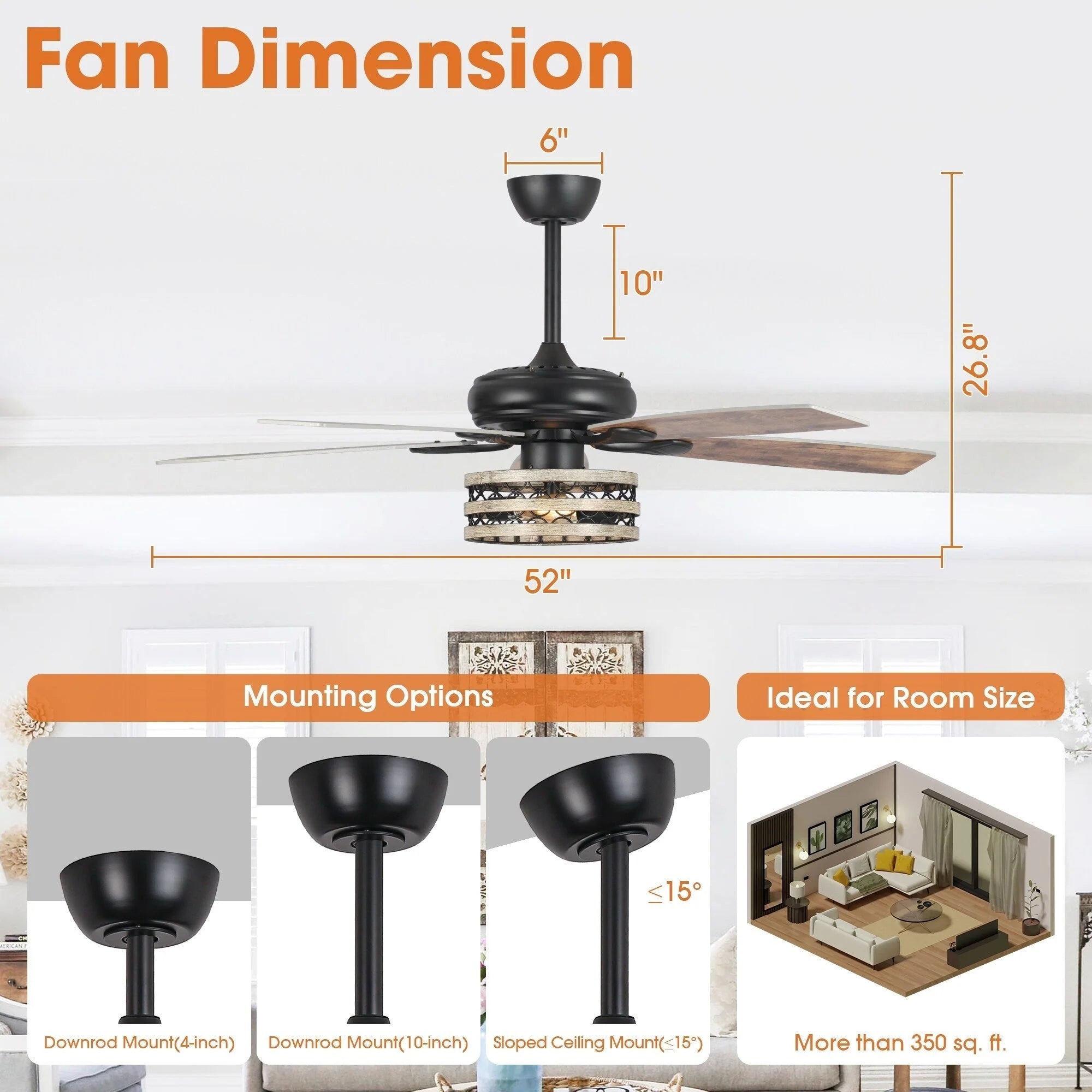 Ventilateur de plafond 52" Farmhouse Driftwood avec 5 pales, cage noire et télécommande