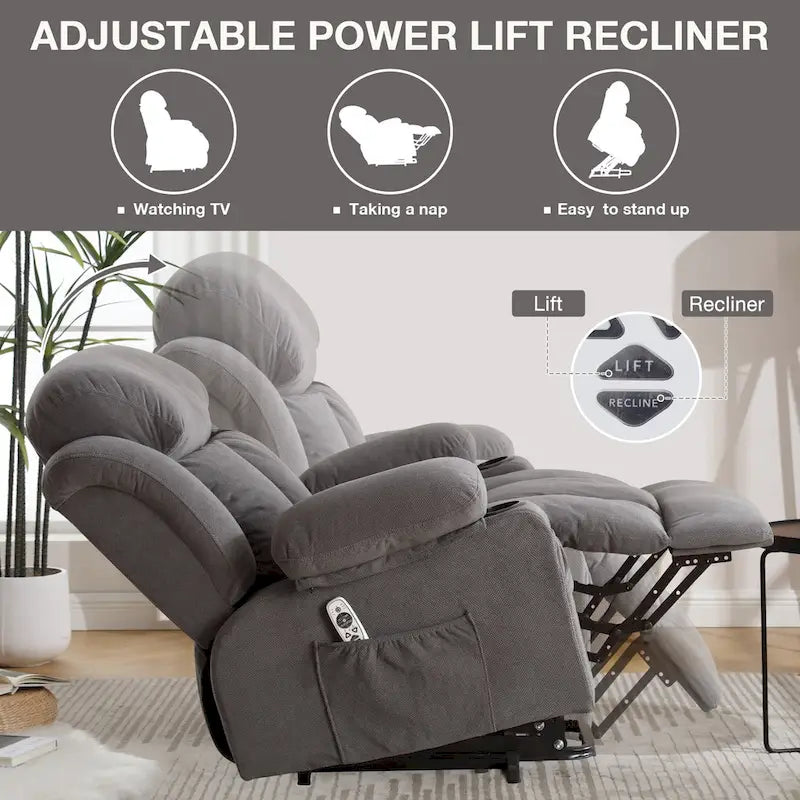 Grey Power Lift Recliner with Heated Massage, USB Charging, Remote Control, and Convenient Side Pockets for Seniors