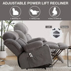 Grey Power Lift Recliner with Heated Massage, USB Charging, Remote Control, and Convenient Side Pockets for Seniors