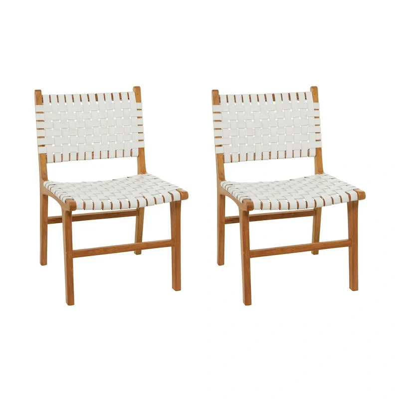 Chaises de salle à manger tressées faites à la main en cuir avec cadre en bois de teck - Lot de 2 Marron, Blanc ou Noir - Roche River Decor