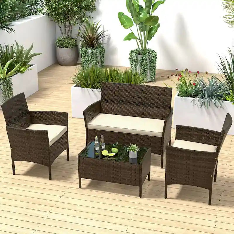 Costway Ensemble de Meubles de Jardin 4 Pièces avec Coussins Lavables et Verre Trempé - Voir les Détails