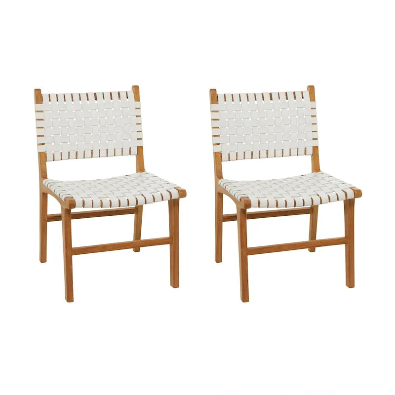 Leather Handmade Woven Dining Chair with Teak Wood Frame - Set of 2 Brown, White or Black- Roche River Decor