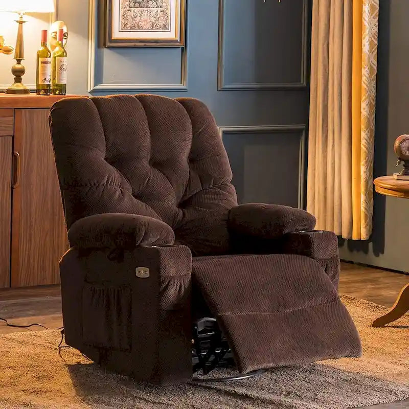 Electric Power Swivel Glider Recliner Chair with Cup Holders and USB Ports, Fabric, Single Seat