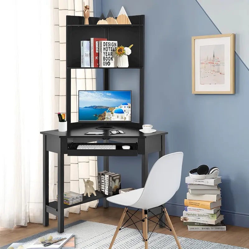 Bureau d'angle triangulaire avec huche - Étagères - Tablette clavier - Noir/Blanc
