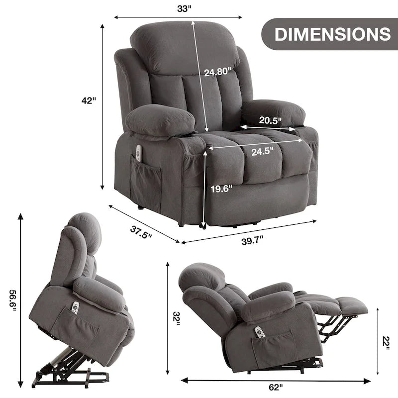 Grey Power Lift Recliner with Heated Massage, USB Charging, Remote Control, and Convenient Side Pockets for Seniors