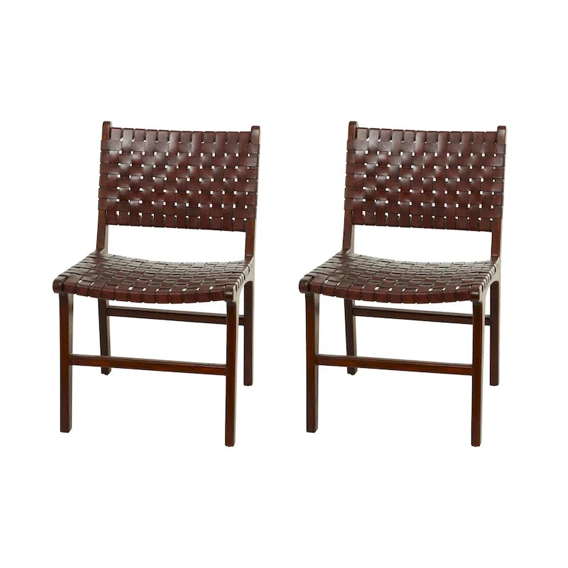 Chaises de salle à manger tressées faites à la main en cuir avec cadre en bois de teck - Lot de 2 Marron, Blanc ou Noir - Roche River Decor