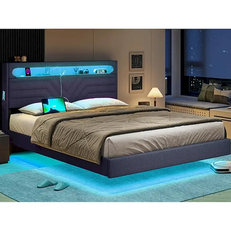 Cadre de lit avec lumières LED, tête de lit et station de charge USB-C/A, 4 tiroirs
