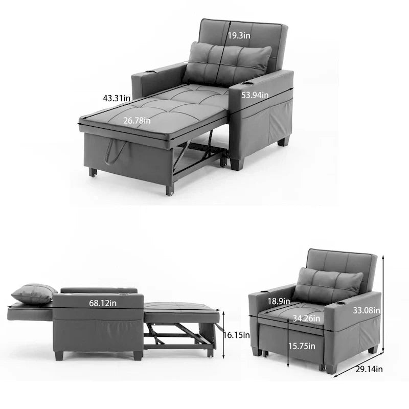 Futon Chair Bed Convertible Chair 3-in-1 Pull Out Sleeper Chair Beds with USB Ports