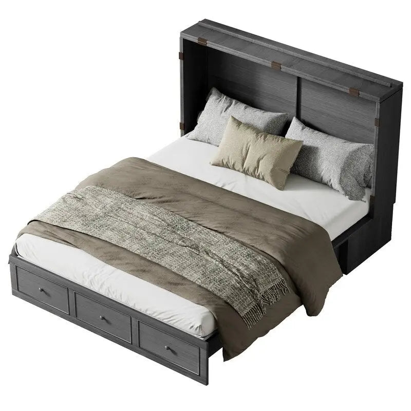 Lit escamotable Mixoy Murphy avec matelas pliable, lit-armoire cube moderne avec tiroir de rangement et station de recharge USB