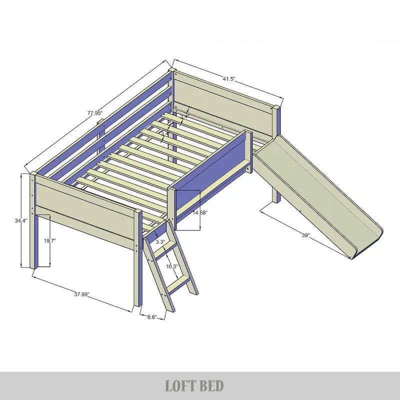 CraftPorch Classic Twin Low Loft Bed with Chalkboard, Slide and Ladder