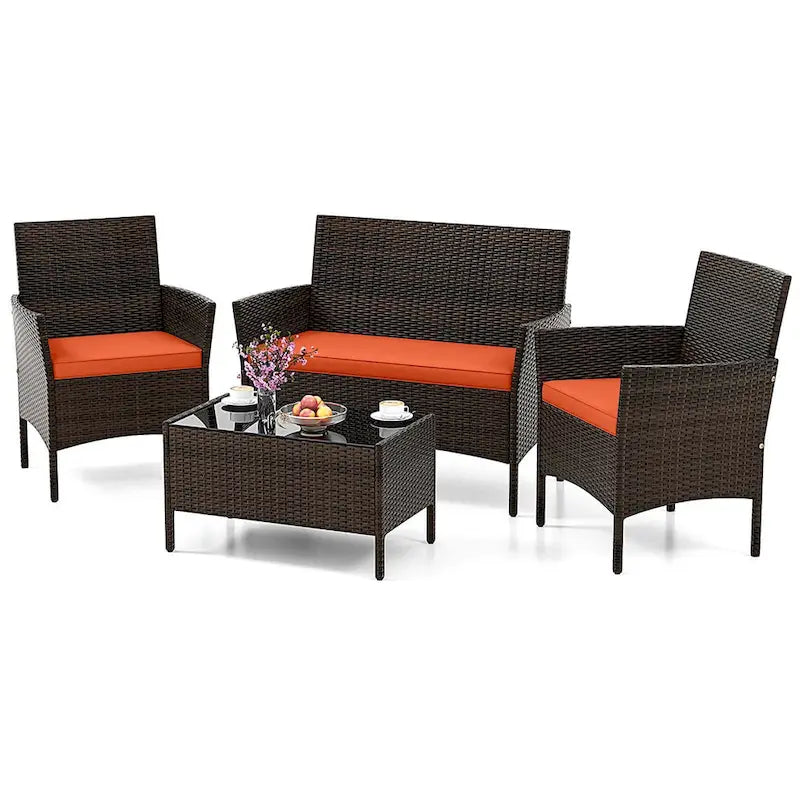 Costway Ensemble de Meubles de Jardin 4 Pièces avec Coussins Lavables et Verre Trempé - Voir les Détails