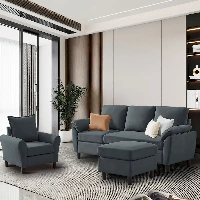 Canapé d'angle 3 places avec fauteuil et pouf pour salon