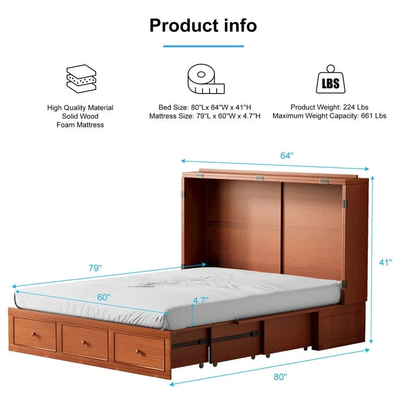 Lit escamotable Mixoy Murphy avec matelas pliable, lit-armoire cube moderne avec tiroir de rangement et station de recharge USB
