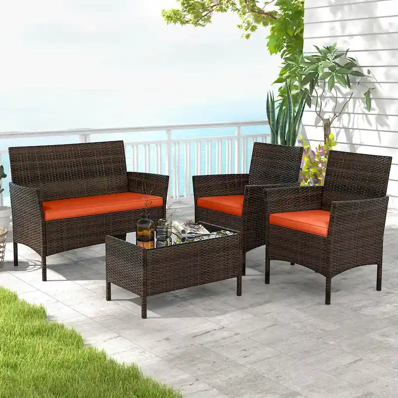 Costway Ensemble de Meubles de Jardin 4 Pièces avec Coussins Lavables et Verre Trempé - Voir les Détails