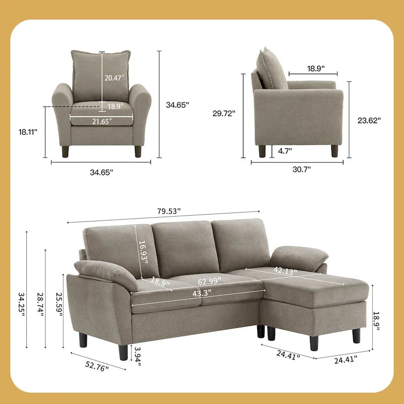 Canapé d'angle 3 places avec fauteuil et pouf pour salon