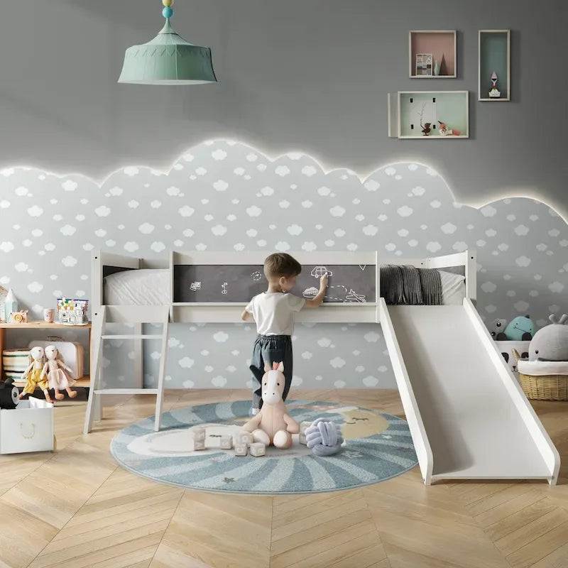 CraftPorch Classic Twin Low Loft Bed with Chalkboard, Slide and Ladder