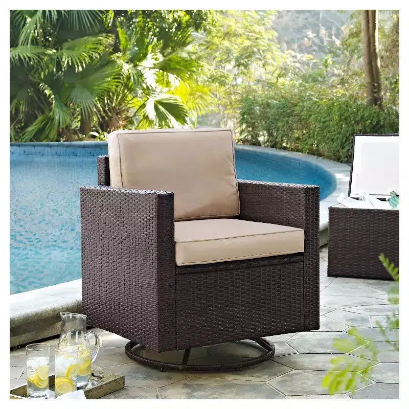 Palm Harbor Outdoor Wicker Swivel Rocker Chair with Cushion - Brown - Crosley