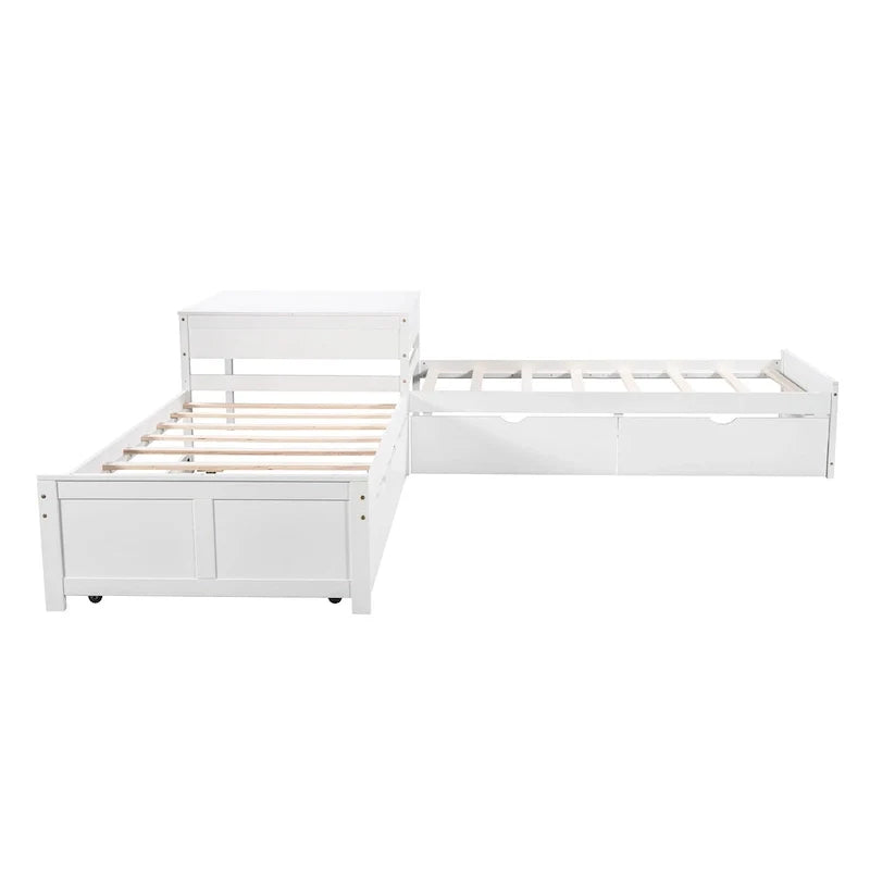 White Modern Twin Size L-shaped Platform Bed with Trundle and Drawers for Bedroom