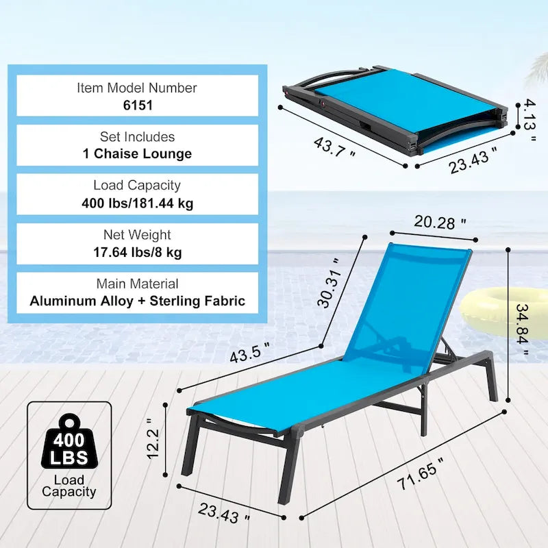 Chaise Lounge Chairs Outdoor, Aluminum Patio Lounge Chairs with Adjustable 5-Position, Folding Pool Lounge Chairs Recliner
