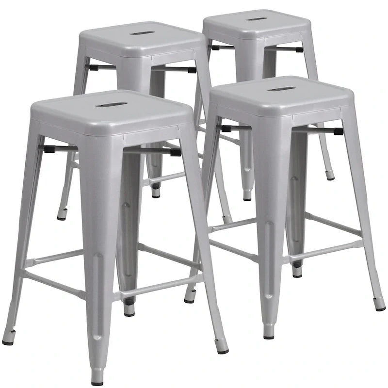 Lot de 4 tabourets de comptoir sans dossier en métal de 61 cm, pour l'intérieur ou l'extérieur, avec assise carrée