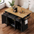 54 Grand îlot de cuisine avec plateau rabattable en bois d'hévéa, chariot de cuisine roulant à texture gaufrée sur 4 roues avec 4 portes et 3 tiroirs