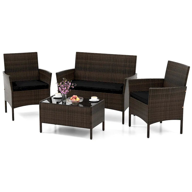 Costway Ensemble de Meubles de Jardin 4 Pièces avec Coussins Lavables et Verre Trempé - Voir les Détails