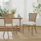 Farmhouse-style rubberwood dining chairs with rattan backrests (two chairs per set).