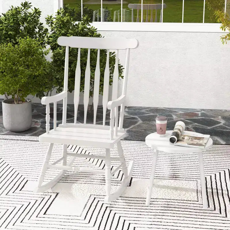 Costway Solid Wood Rocking Chair Porch Rocker Indoor Outdoor Seat Glossy Finish White\Coffee