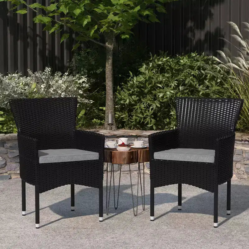 Merrick Lane Patio Chairs with Fade and Weather Resistant Wicker Wrapped Powder Coated Steel Frames & Cushions-Set of 2