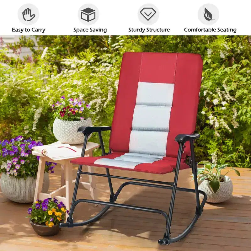 Costway Foldable Rocking Padded Chair Portable Camping Chair with Backrest Armrest Red\Blue