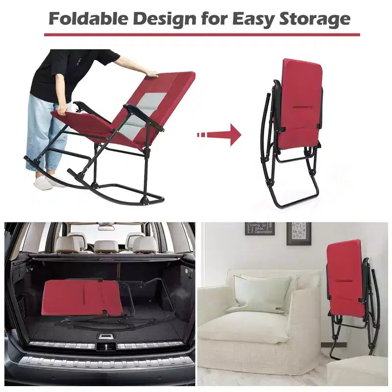 Costway Foldable Rocking Padded Chair Portable Camping Chair with Backrest Armrest Red\Blue