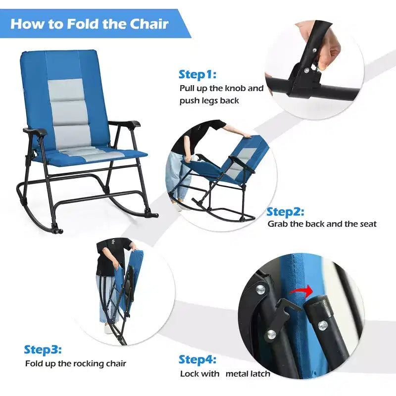Costway Foldable Rocking Padded Chair Portable Camping Chair with Backrest Armrest Red\Blue