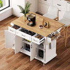 54 Grand îlot de cuisine avec plateau rabattable en bois d'hévéa, chariot de cuisine roulant à texture gaufrée sur 4 roues avec 4 portes et 3 tiroirs