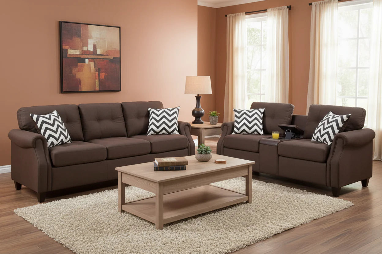 Ensemble canapé 2 places avec 4 coussins, ports USB, marron foncé