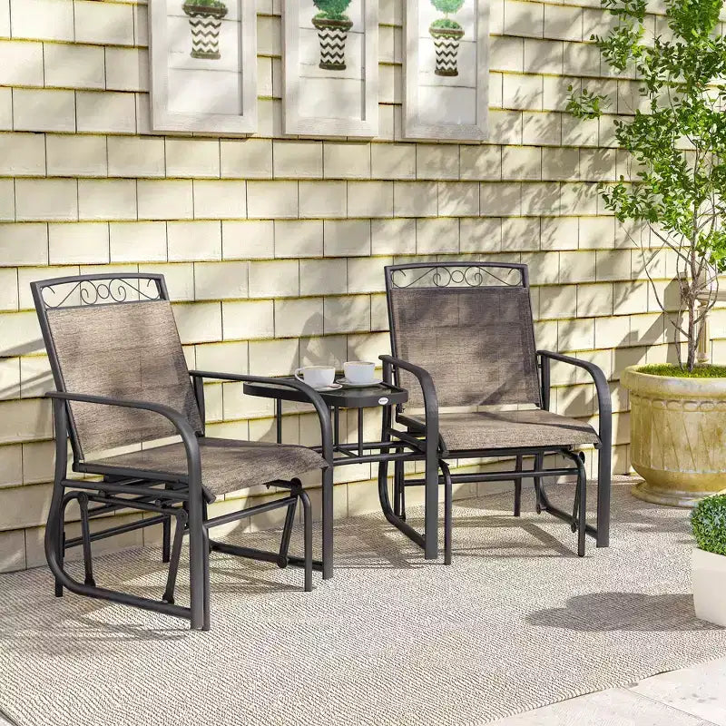 Outsunny Outdoor Glider Chairs with Coffee Table, Patio 2-Seat Rocking Chair Swing with Breathable Sling for Backyard, Garden and Porch